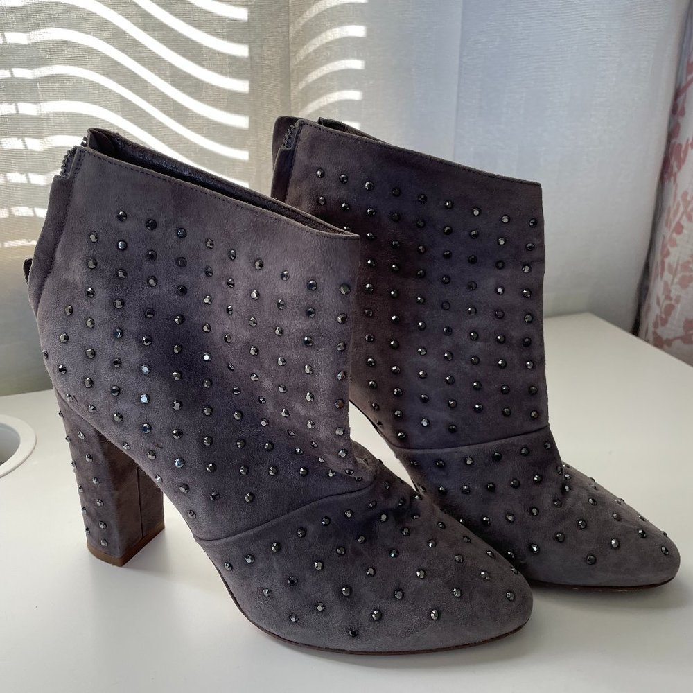 J. Crew genuine leather rhinestone-covered grey soft suede heeled contemporary a
